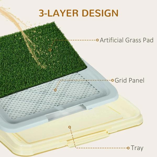 Green artificial grass puppy training pad with grid panel and white collection tray