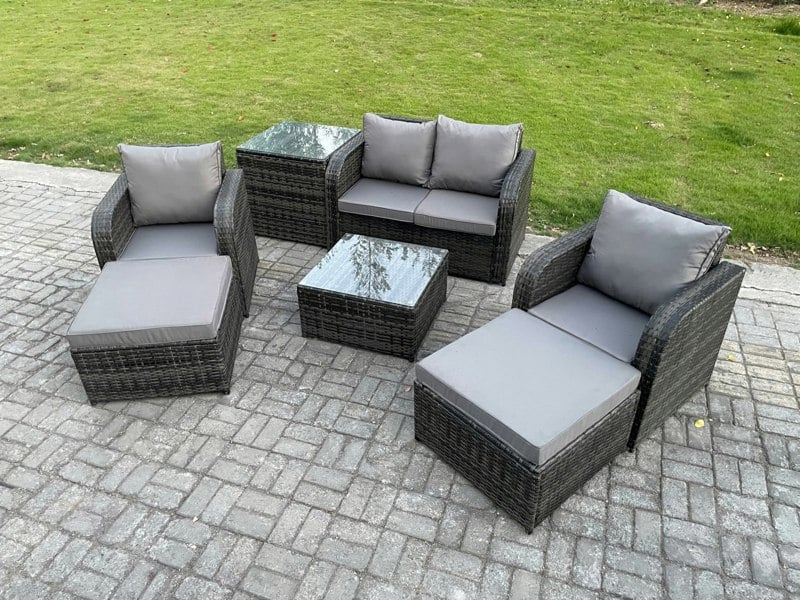 Fimous Rattan Garden Furniture Set Patio Conservatory Indoor Outdoor 6 Seater Set with Love Sofa Square Coffee Table 2 Big Footstool Side Table