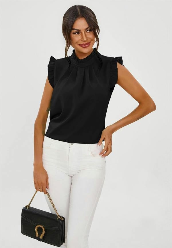 FS Collection Frill Trim Sleeve High Neck Blouse Top In Black