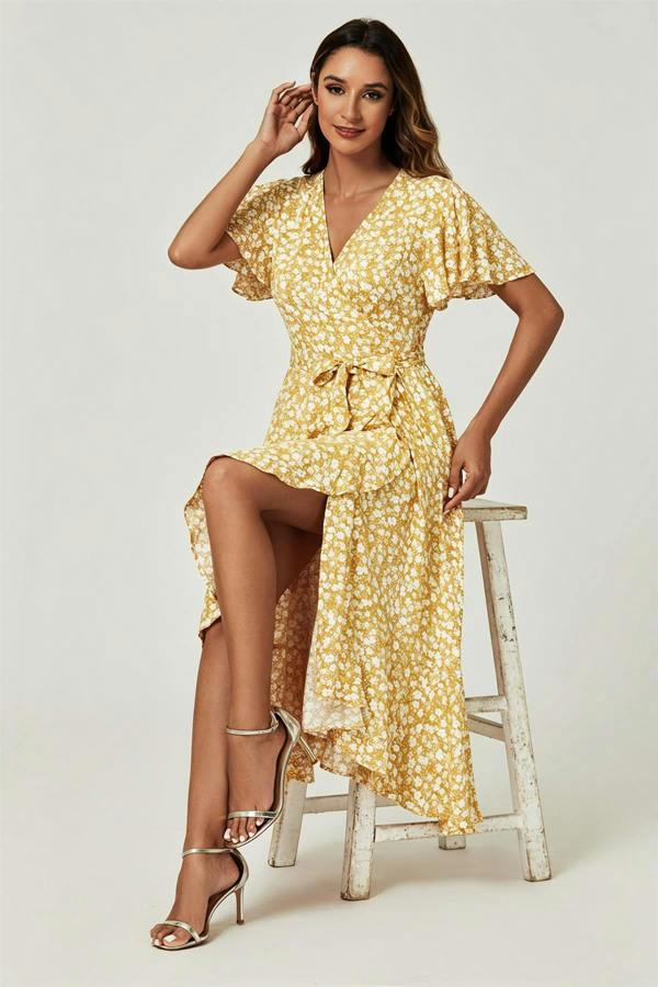 FS Collection Floral Print Midi Wrap Dress In Yellow