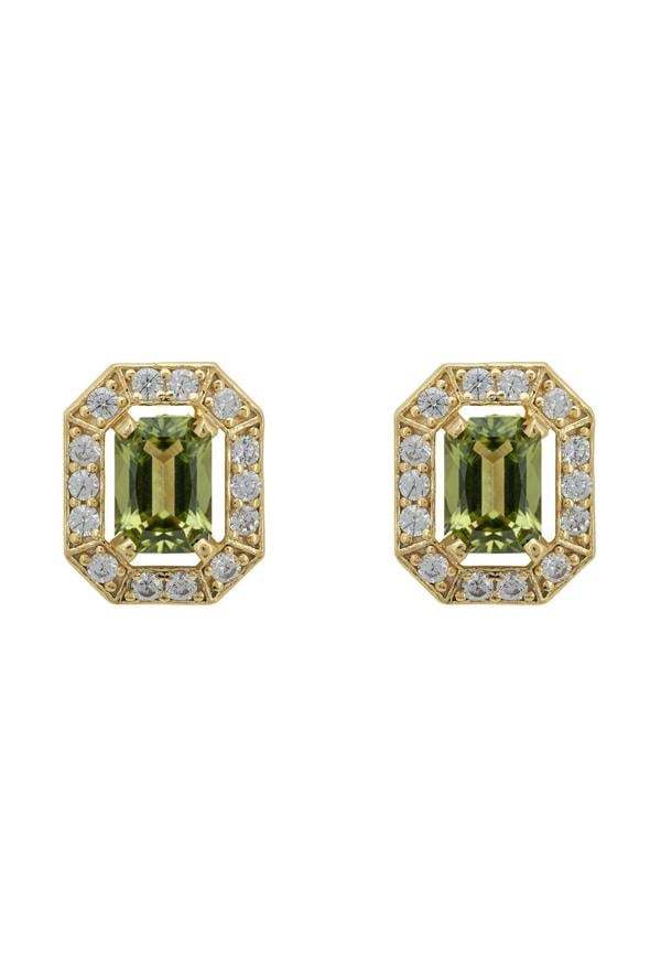 Pair of gold earrings with green gemstones on a white background