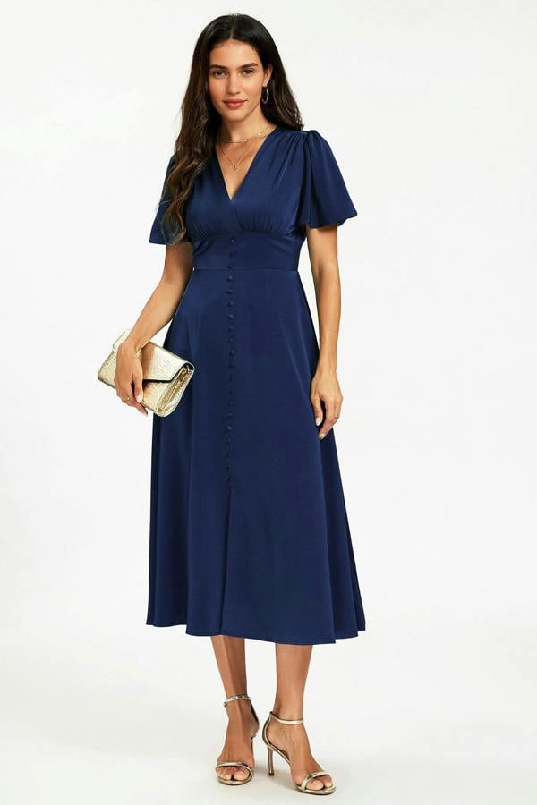 FS Collection Satin V neckline Button Detail Dress In Navy