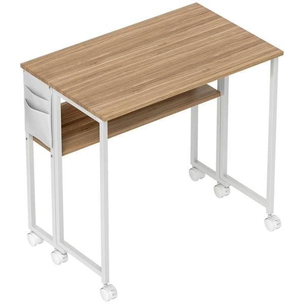 Natural wood drop-leaf writing desk with padded side and caster legs