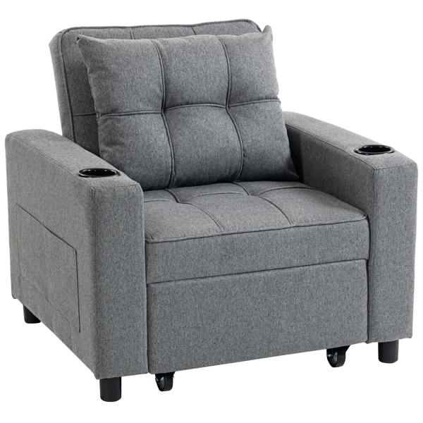 Dark grey 3-in-1 single sofa bed sleeper chair with tufted back and arm cup holders
