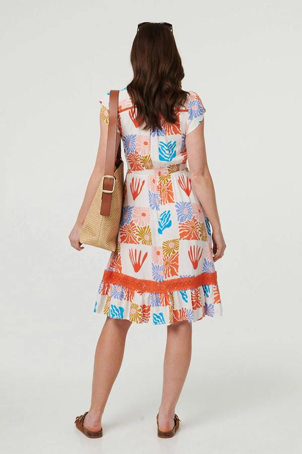 White | Abstract Cap Sleeve V-Neck Midi Dress