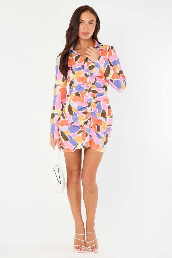 Multicolour Ruched Shirt Dress – Long Sleeve Button Front