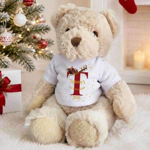 Personalised 1st Christmas Santa Sleigh with Initial Baby Gift Box - Teddy & Vest