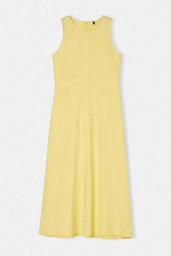 Linen Blend Straight Cut Midi Woven Dress with Stitching and Pocket Details