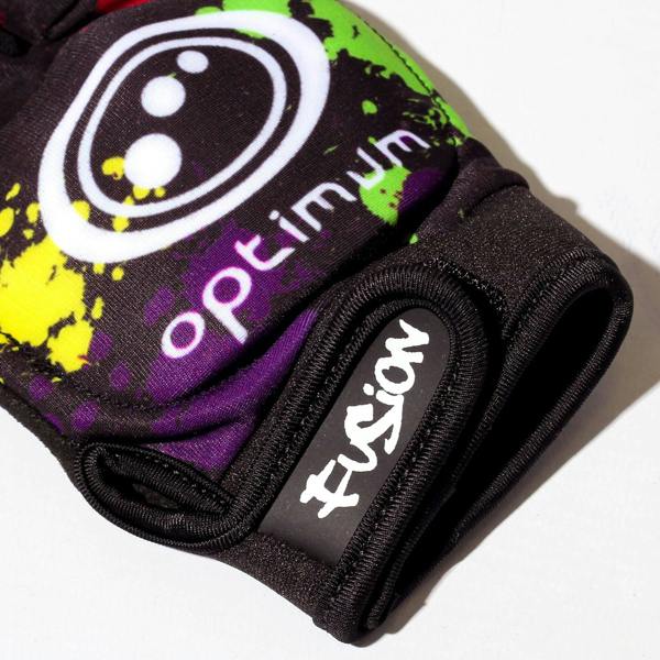 Close-up of black Optimum Fusion half-finger hockey glove with paint-splatter print, white logo and Fusion cuff - Optimum
