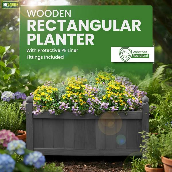My Garden Outdoor Living Wooden Rectangular Trough Planter-PE Liner-60x20x34 cm Weather Resistant Wooden Planter Box for Patios, Gardens & Decking