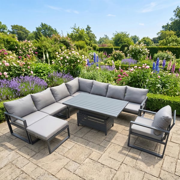 Fimous 9 Seater Aluminium Sofa Set 8 Pieces Outdoor Garden Furniture - Rising Dining Table with Cushions Chair Big Footstool Dark Grey