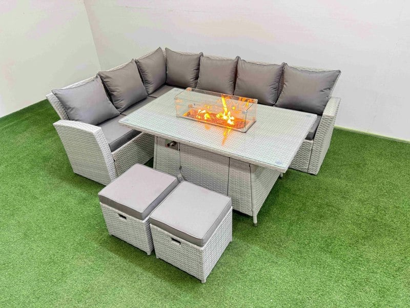Fimous 8 Seat Rattan Garden Furniture Corner Sofa Set Outdoor Gas Fire Pit Table Sets with 2 Small Footstools Light Grey