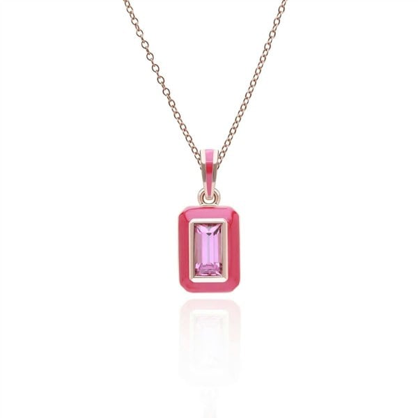 253P335590925 Siberian Waltz Pink Enamel & Baguette Rhodolite Pendant in Rose Gold Plated Sterling Silver Front