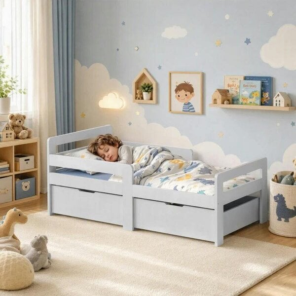 Wooden Kids Bed Frame with 2 Storage Drawers and Guard Rails for Ages 4-14, 144 x 76 x 57 cm (No Mattress), Grey - Grey