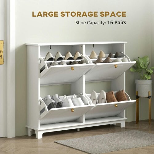 Wyld Haus Zisuka Wooden White Slim Shoe Cupboard With 4 Flip Drawers For 16 Pairs