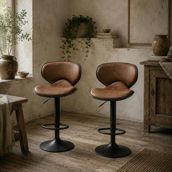 Wyld Haus Bama Microfiber Brown Adjustable Swivel Bar Stools Set Of 2 With Armless Design