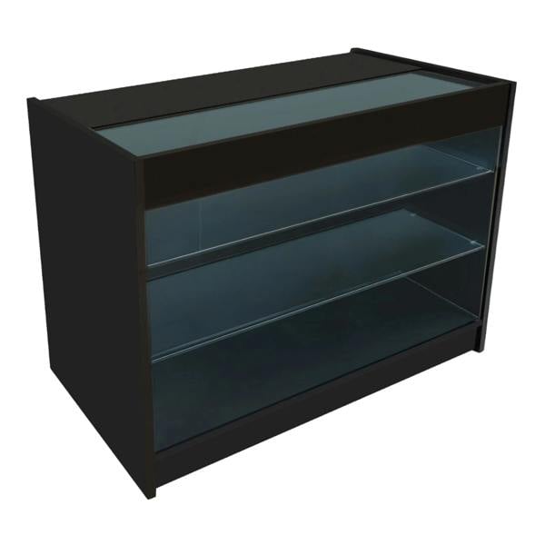 Black Aries LED shop counter set featuring a sleek design with glass shelves, ideal for showcasing products in retail spaces