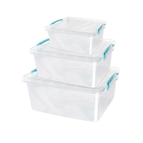 JVL Plastic Clip Lidded Food Storage Box, Stackable & Nestable, Set of 3, 1.6L, 3L, 5L