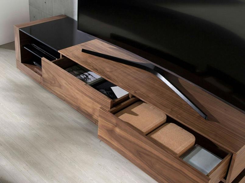 Angel Cerdá TV cabinet walnut, polished steel and black glass top 3139