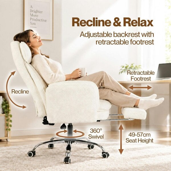 Levede Ergonomic Office Chair Teddy Fabric with Reclining Footrest Gaming White