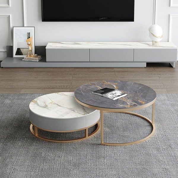 Lvinta Grey Round Nesting Coffee Table, Gold Base-Weilai Concept-Option A ( White + Grey ) With Gold Base-70cm+80cm-Weilai Concept