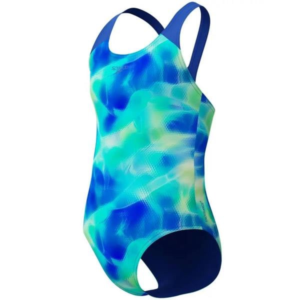Vibrant blue teal printed splashback swimsuit by Speedo for girls