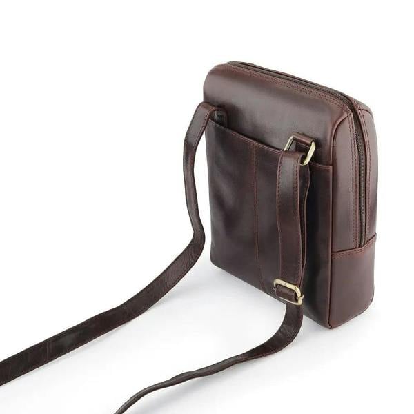Brown leather messenger bag on a white background
