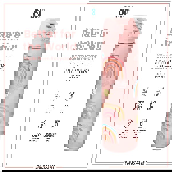 A pink water bottle, decorated with rainbows and suns, sits on a white background. It's made from a plant-based polymer, is BPA-free, odor-resistant, and dishwasher-safe. The text reads: "Better for the World," "Made from Recyclon™," "A food grade carbon neutral plant based polymer," "Carbon Neutral," "BPA Free," "Odour Resistant," "Dishwasher Safe," "ION8," "SLIM RECYCLON™".