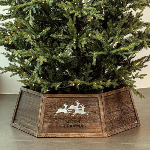 31.5 Inch Wooden Hexagon Christmas Tree Collar with Rustic Brown Finish image 8