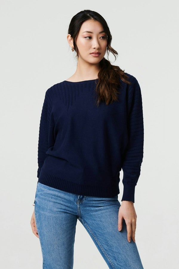 Navy | Stripe Texture Boat Neck Boxy Fit Jumper
