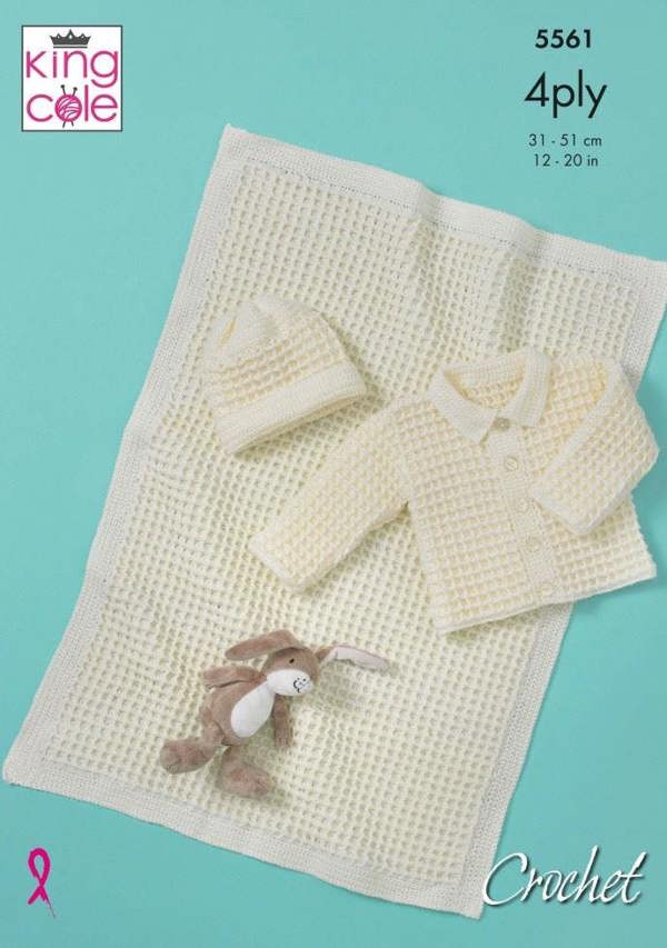King Cole Big Value Baby 4 Ply Crochet Pattern 5561, Jackets, Headwear, Blankets for Baby, 12 - 20 Inches