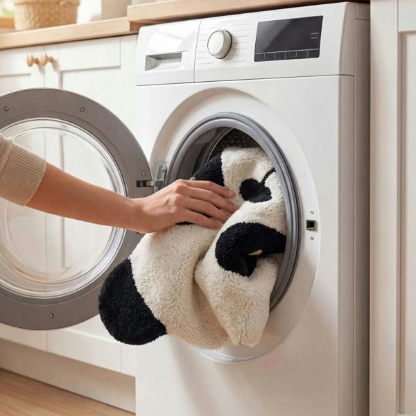 Person placing a panda-shaped towel into a washing machine in a kitchen.