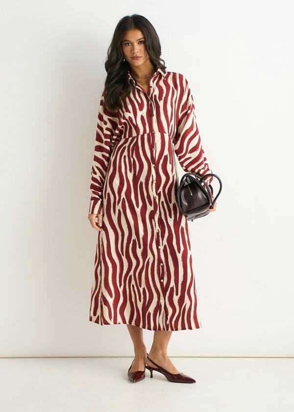 Gini London Burgundy Zebra Print Batwing Sleeve Shirt Dress