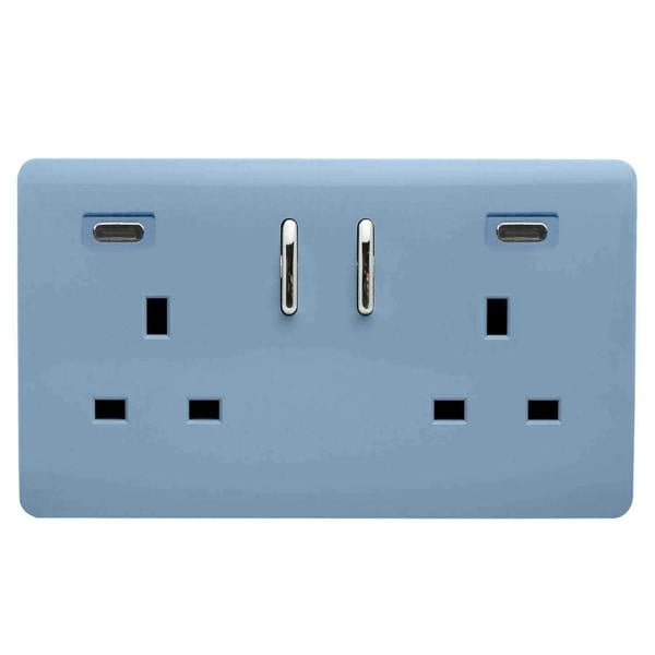 Trendi Switch 2 Gang USB 65W Type C USB Plug Socket in Sky Blue