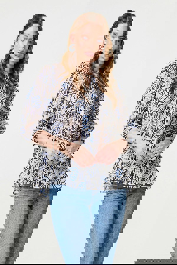 Blue | Floral 3/4 Puff Sleeve Relaxed Blouse