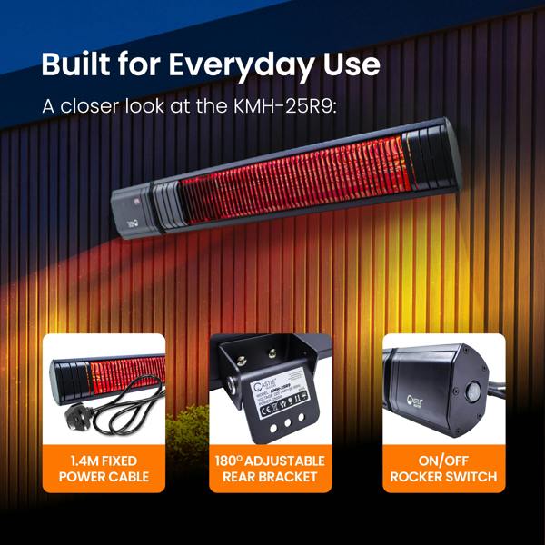 Castle Heaters 2500W Wi-Fi Infrared Patio Heater – Low Glare, Remote Control, IP65 | KMH-25R9