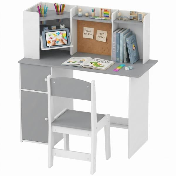 AIYAPLAY Kids Desk and Chair Set w/ Cabinets for Ages 5-12 Years, Grey