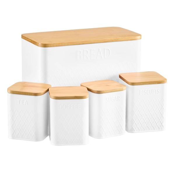 Cooks Professional 5 Piece Embossed Kitchen Storage Set with Bamboo Lids | White