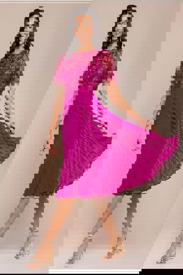 Embroidered Top Chiffon Pleated Midi - Magenta DR3802