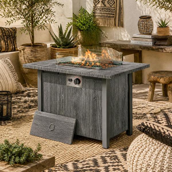 Wyld Haus Luno Rectangular Steel Dark Grey Gas Fire Pit Table With Cover And Glass Screen