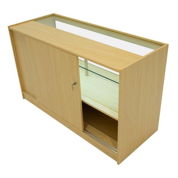 Hera LED Shop Counter Set in maple finish, featuring a sleek design, sliding glass door, and spacious display area for products
