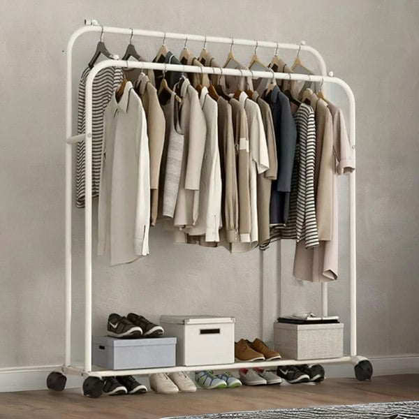 Rafaelo Mobilia Heavy Duty Metal Clothes Rail Open Wardrobe On Wheels White