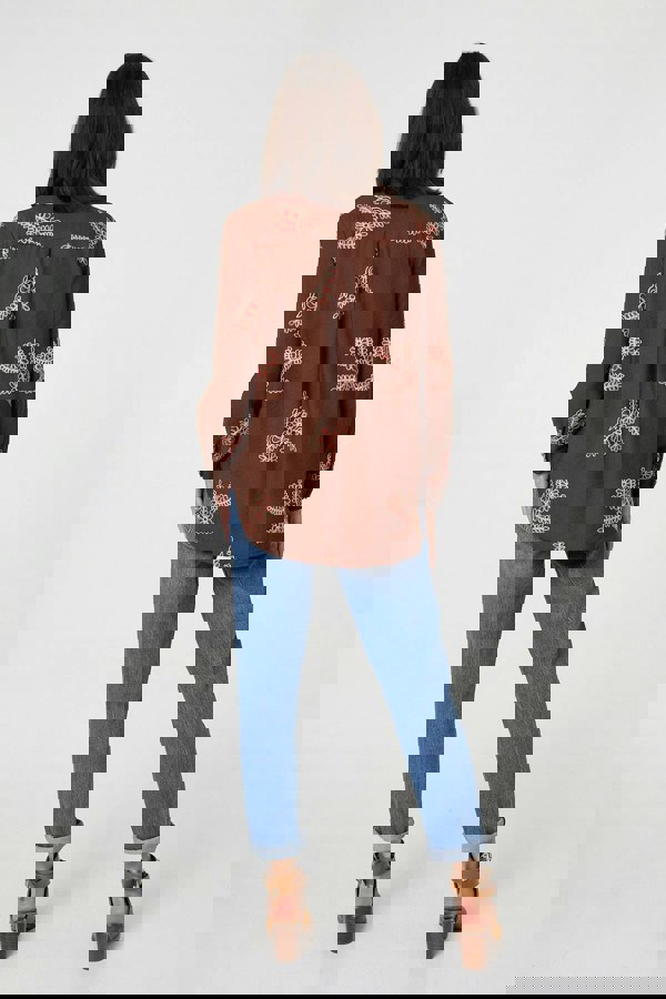 Brown | Floral Stitch Detail Long Sleeve Shirt
