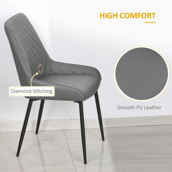 Grey PU leather dining chair with quilted diamond back and smooth seat, black metal legs