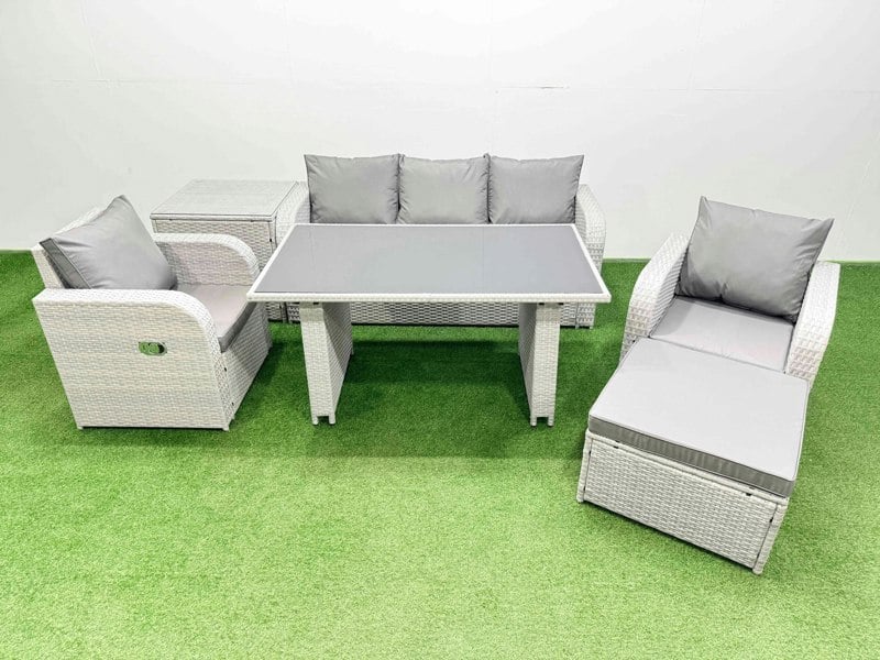 Fimous Outdoor Rattan Garden Furniture Dining Set 6 seater Patio Rectangular Table 3 Seater Sofa Reclining Chair Set with Side Table Big Stool