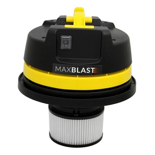 MaxBlast gutter vacuum attachment in black and yellow, featuring a sturdy design and a filter for efficient wet and dry cleaning