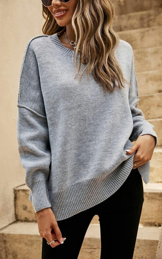 FS Collection Side Slit Relaxed Knit Jumper Top In Grey
