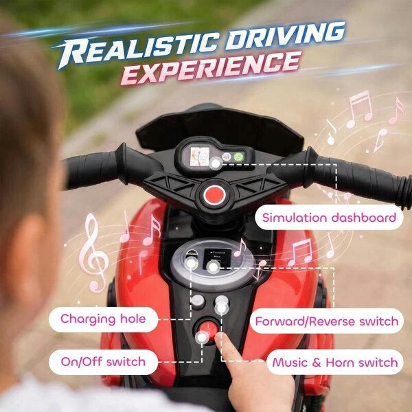 Kids Electric Motorcycle Ride-On Toy, 3-Wheel Battery-Operated Motorbike with Horn, Toddler Ride On Bike, Red