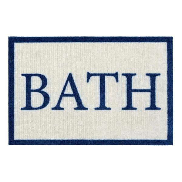 Rectangular bath mat with 'BATH' text in blue on a white background