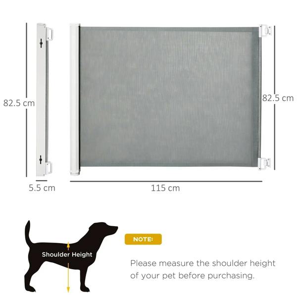 Retractable grey pet gate barrier with width and height measurements